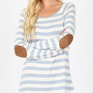 Ash Blue Stripe Long Sleeve Elbow Patch Plus Tee